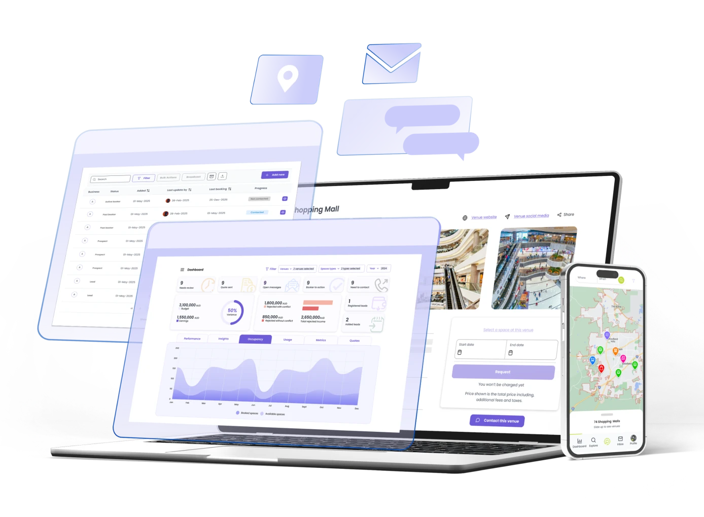 anyspaces.com booking dashboard on laptop, tablet and mobile